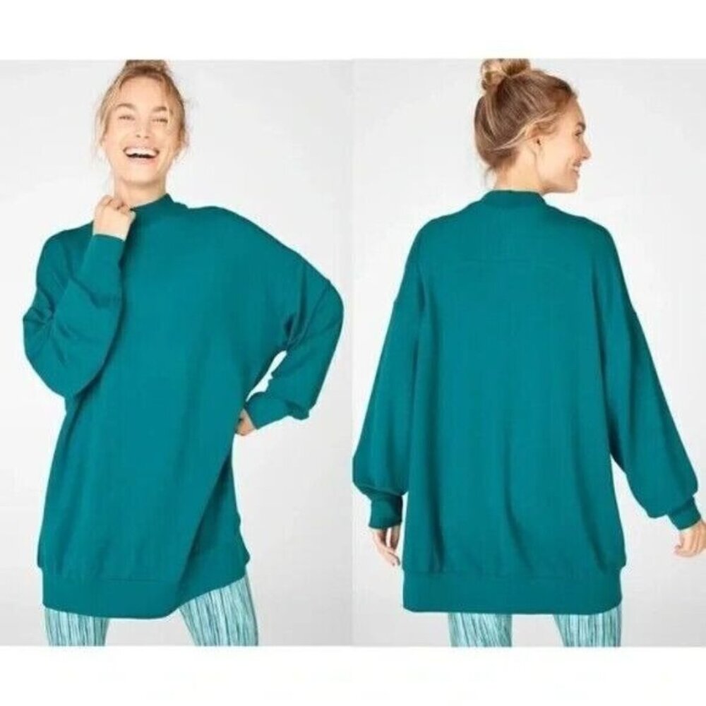 OVERSIZED Fabletics Jody Mock Neck Pullover Sweatshirt Teal Blue Womens